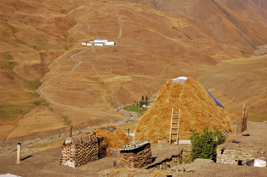 Azerbaijan, Xinaliq, view of landscape amid haystack