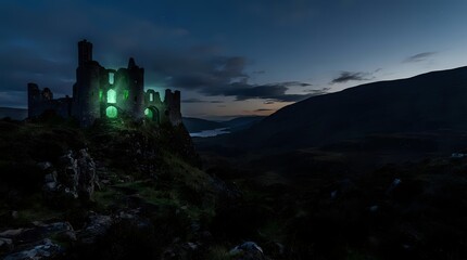 Obraz premium Illuminated castle ruins at dusk with glowing lights on stone towers
