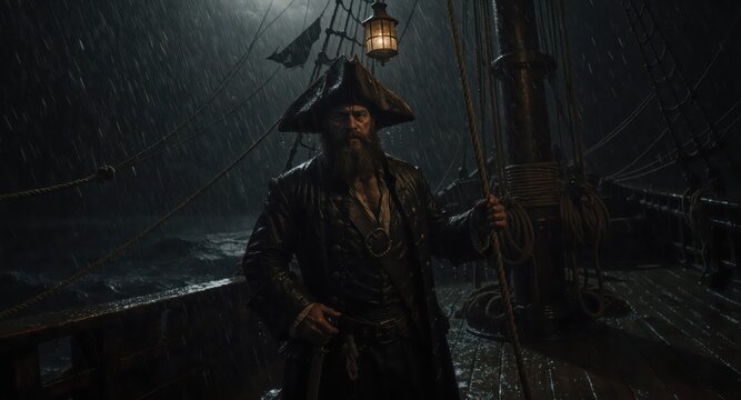 Bearded pirate captain standing on wet ship deck in heavy rain and stormy night, swinging lantern overhead and rigging behind him, intense portrait conveying authority and resilience.