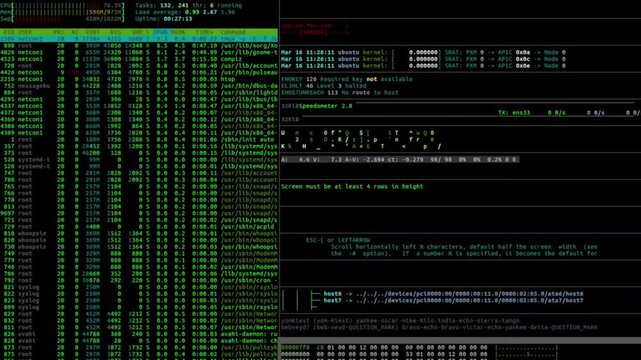Linux terminal command line interface with running system process monitor code and hacker system logs background