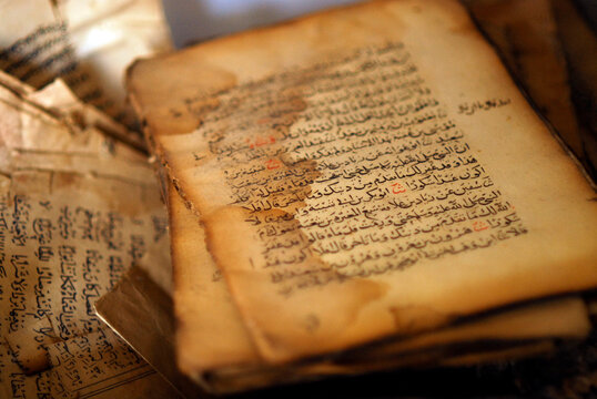 Azerbaijan, Xinaliq, view of obsolete books with arabic writings and script