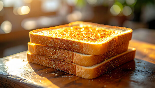 Golden toasted bread slices on rustic tabletop, tasty food, bright blurred cafe background. Close-up.