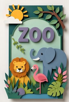 Paper Cutout Zoo Signboard with Lion Elephant and Flamingo Animals