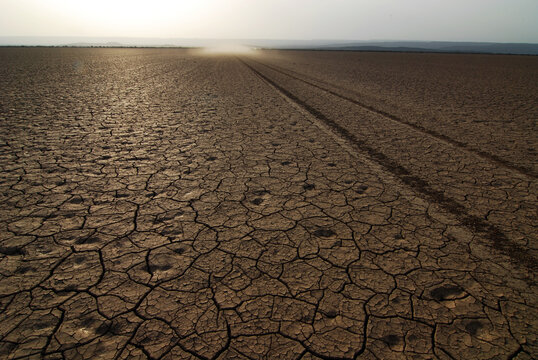 Djibouti, Inland, dusty road through the arid desert