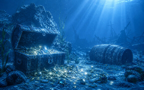 Sunken Treasure Chest with Gold Coins on Ocean Floor Near Ancient Shipwreck in Mysterious Underwater Scene
