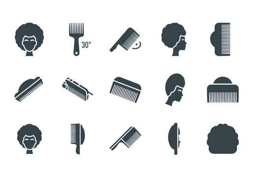 Afro hairstyle and hair comb ebony icon collection