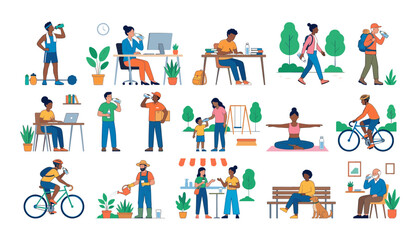 Fototapeta premium People drinking water vector character set engaged in fitness office work studying hiking cycling gardening and everyday lifestyle activities