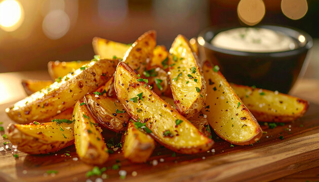 Golden-brown gourmet potato wedges on rustic wooden board, sprinkled with fresh herbs, small bowl of creamy dipping sauce, tasty food. Appetizing snack.