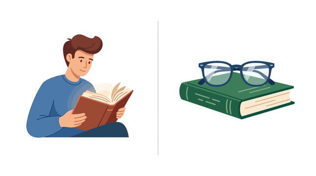 Flat vector illustration set of man reading book and eyeglasses on hardcover
