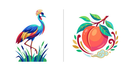 Naklejka premium Stylized colorful crane in marsh and vibrant peach fruit vector illustration set