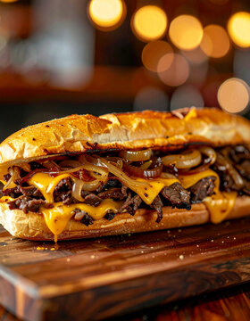 Gourmet cheesesteak sandwich with tender beef, melted golden cheese and sweet caramelized onions, rustic wooden board, softly blurred background, tasty food. Close-up.