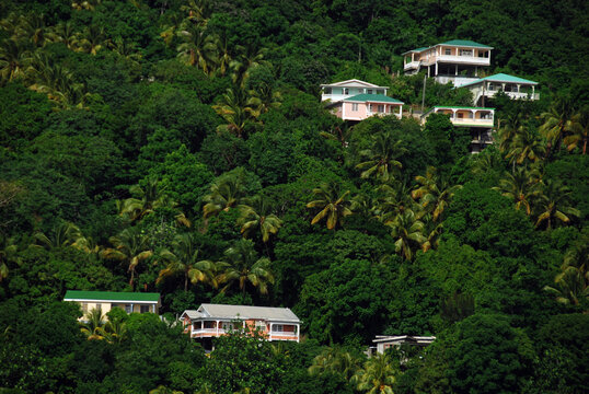 Dominica, Roseau, view of colorful villages south of Roseau on the green hills