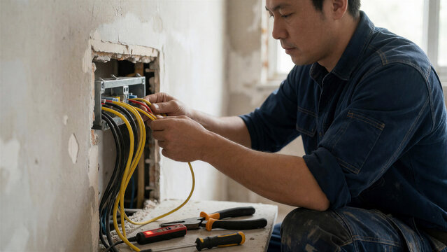 Ein Elektriker verbindet Kabel in einer ge&ouml;ffneten Wand und arbeitet dabei konzentriert an einer Elektroinstallation.