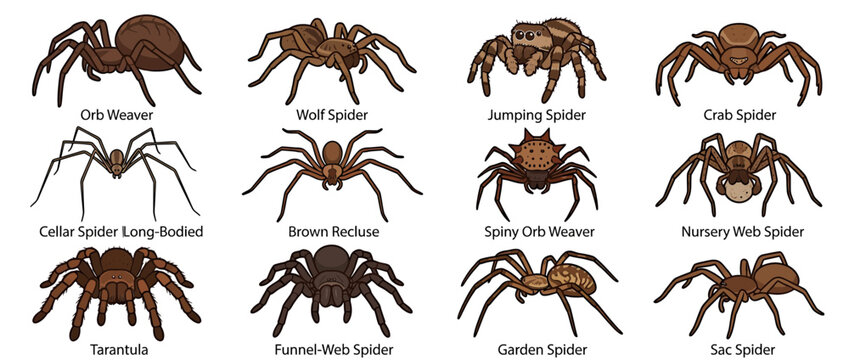 Collection of Illustrated Spider Species on Transparent Background