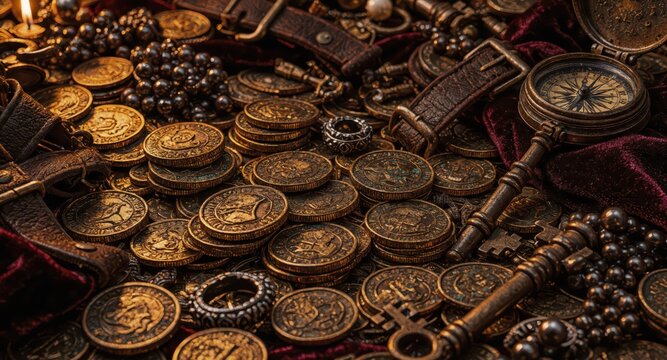 Pile of antique gold coins, rings and pearls scattered on rich velvet with compass and leather straps suggesting vintage treasure hoard and historical wealth
