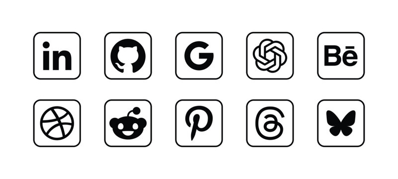 Social Media Icons Collection 2026, Social Media Network Icons Set, LinkedIn, GitHub, Google, ChatGPT, Behance, Dribbble, Reddit, Pinterest, Threads, Bluesky Logos