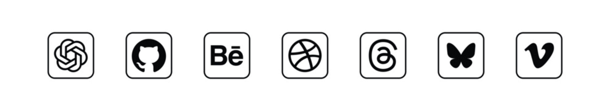 Social Media Icons Collection 2026, Social Media Network Icons Set, ChatGPT, GitHub, Behance, Dribbble, Threads, Bluesky, Vimeo Outline Logos