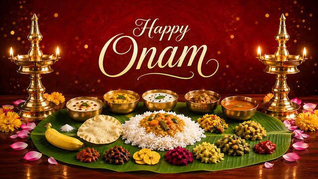 Delicious vegetarian sadhya meal served on green banana leaf beside glowing brass lamps wishing happy onam celebrating south indian festival in kerala