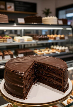 Rich chocolate layer cake with a slice removed, multiple layers of frosting and cake in a bakery display case, Other pastries and cakes are blurred in the background within a glass display case