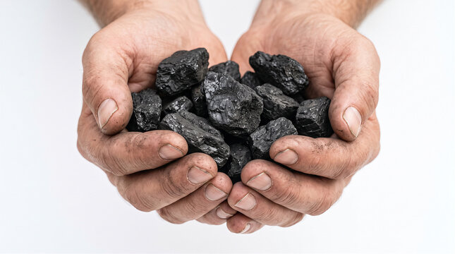 Coal lumps are held in a pair of human hands against a plain background.