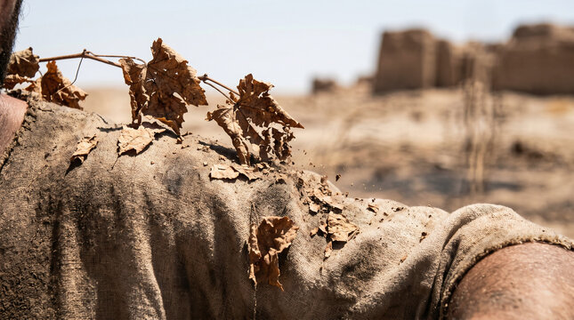 Jonah sitting angrily under a suddenly withered vine plant outside the massive, towering stone walls of Nineveh