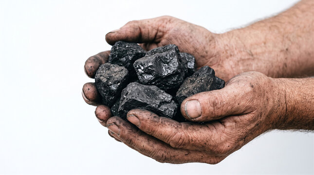 Hands covered in soot hold chunks of black coal against a white background.