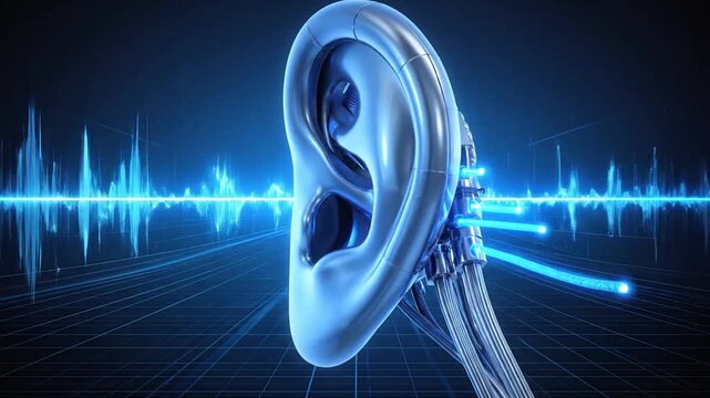 Cybernetic robotic ear monitoring blue digital audio frequencies.