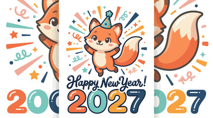Fototapeta premium Cute Cartoon Fox Celebrating Happy New Year 2027 35.