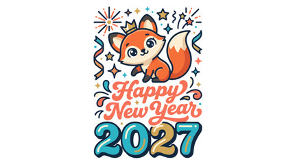 Fototapeta premium Cute Cartoon Fox Character Celebrating Happy New Year 2027 12.