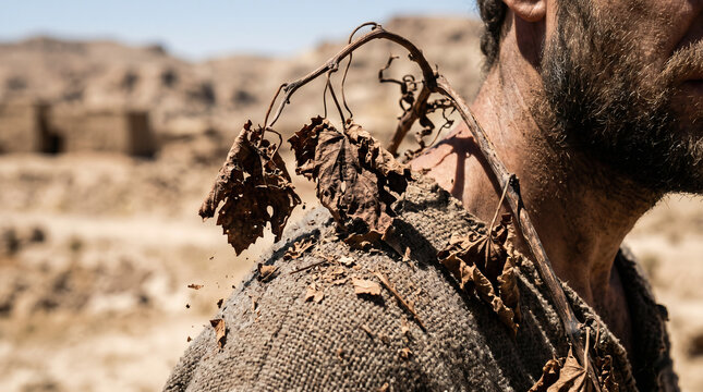 Jonah sitting angrily under a suddenly withered vine plant outside the massive, towering stone walls of Nineveh