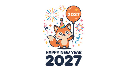 Fototapeta premium Cute cartoon fox character celebrating New Year 2027 13.