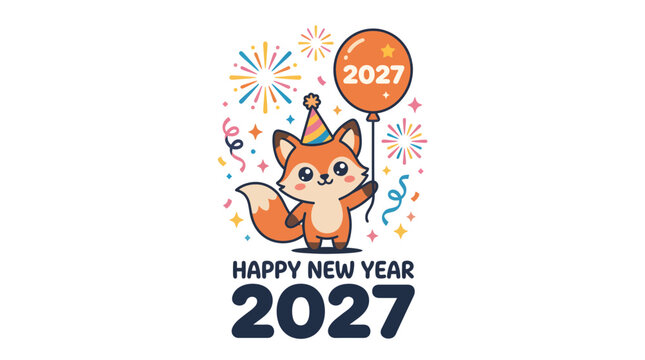 Cute cartoon fox character celebrating New Year 2027 13.