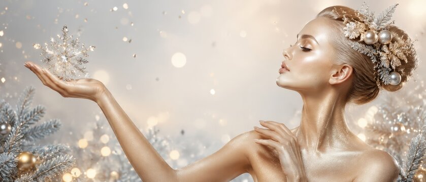 elegant woman with silver shimmer body paint holding crystal snowflake among frosted christmas branches and glowing holiday lights