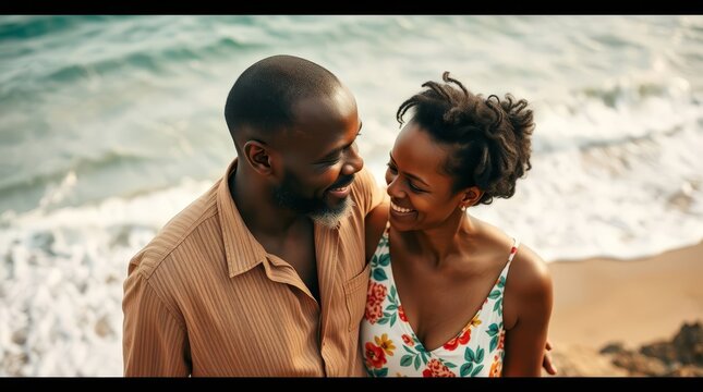 Happy African American couple smiling and embracing on a sandy beach at sunset