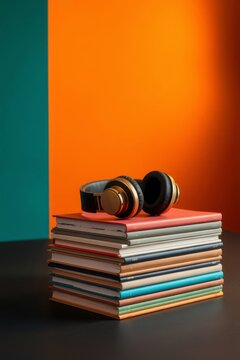 Black and gold headphones sitting on a stack of colorful books against a teal and orange background