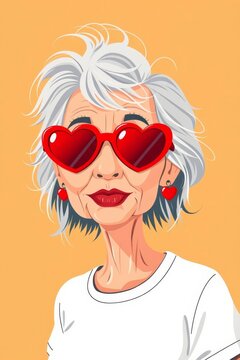 Pop art vector illustration of a stylish senior woman with white hair wearing red heart-shaped sunglasses