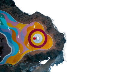 Vibrant coastal mural on rocky cliffside, colorful abstract street art by the ocean, aerial view of painted seaside landscape isolated PNG with Transparent Background © HabibUllah