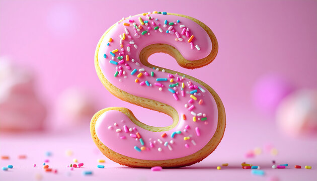 Large cookie-shaped letter S coated in pastel pink glaze and vibrant rainbow candy sprinkles, soft fluffy pastry, pastel blurred background, cheerful dessert. Tasty treat. Sweet food.