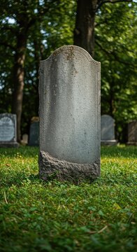 A very old, blank granite headstone standing vertically amidst overgrown grass and weeds in an ancient, silent burial ground ,cemetery ,nature ,lawn