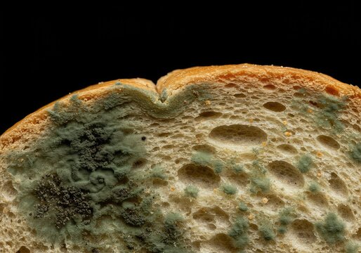 Close up of green and black fuzzy mold growing on stale sliced bread, indicating decay and food waste in a kitchen setting ,fuzzy ,dirty ,organism