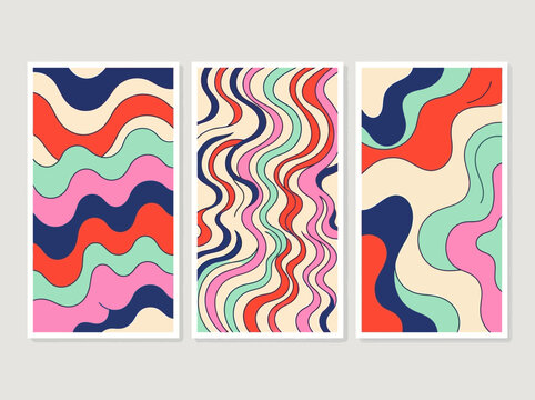 Set of Three Retro Abstract Posters with Colorful Wavy Patterns