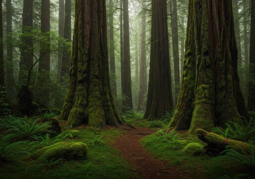 Dense ancient forest scenery fills the frame, maximizing atmospheric depth and textured details in the moss and massive redwood trees ,scene ,trees ,nature