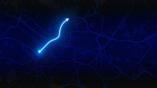 Leeds, West Yorkshire, England, United Kingdom Dark City Map with Animated Glowing Blue GPS Route and Navigation Arrow, 4K