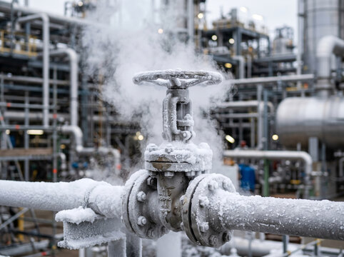 Steam venting around ice covered cryogenic valve at outdoor gas facility