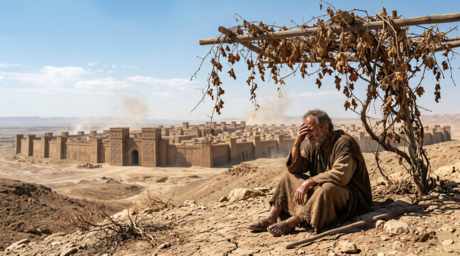 Jonah sitting angrily under a suddenly withered vine plant outside the massive, towering stone walls of Nineveh