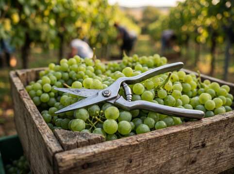 Garden secateurs tool resting on wooden crate filled with green white grapes