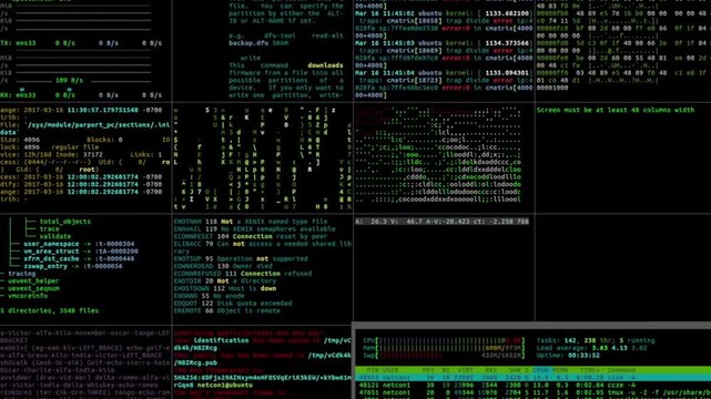 Computer Hacker Terminal Interface with Scrolling Code, Linux Command Line, and Cyber Security Data Screen
