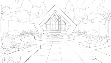 Fototapeta premium Architectural vector sketch of a minimalist house facing a sculptural landscape with concentric garden platforms