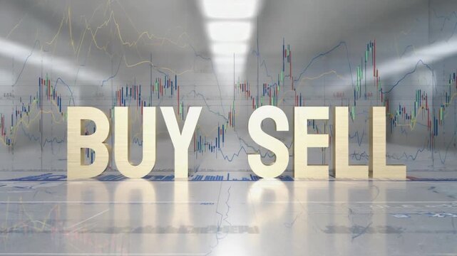 Buy/sell text with a stock market chart.