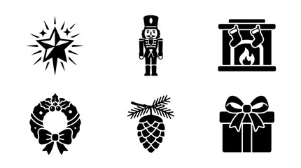 Fototapeta premium Set of black and white Christmas holiday icons featuring a star, nutcracker, fireplace, wreath, pine cone, and gift box for seasonal design projects isolated on transparent background